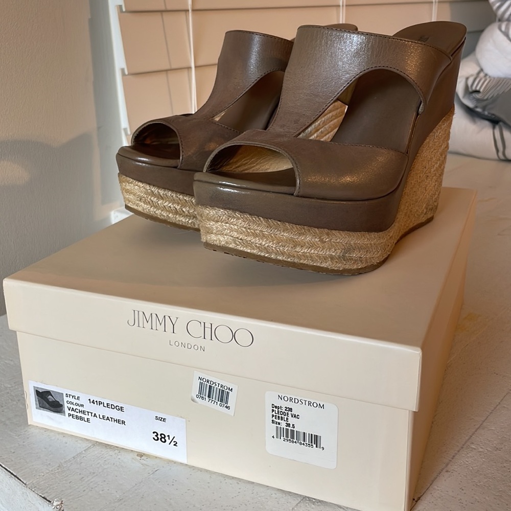 Jimmy Choo Vachette Leather Pebble Wedge Sandals Size 38 - Picture 2 of 15